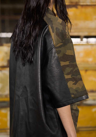 BLIND NO PLAN Camouflage Raw Edge Patchwork Leather Shirt | Face 3 Face