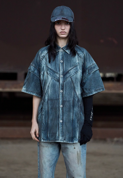 BLIND NO PLAN Washed & Distressed Denim Short Sleeve Shirt | Face 3 Face