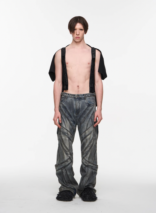 BLIND NO PLAN Multi Fly Split Structure Washed Distressed Jeans | Face 3 Face