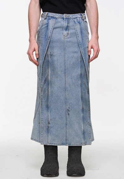 BLIND NO PLAN Mud Dyed Splash Ink Distressed Fly Denim Skirt | Face 3 Face