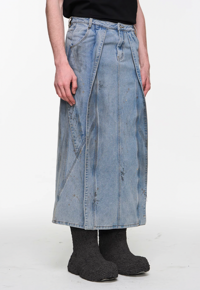 BLIND NO PLAN Mud Dyed Splash Ink Distressed Fly Denim Skirt | Face 3 Face