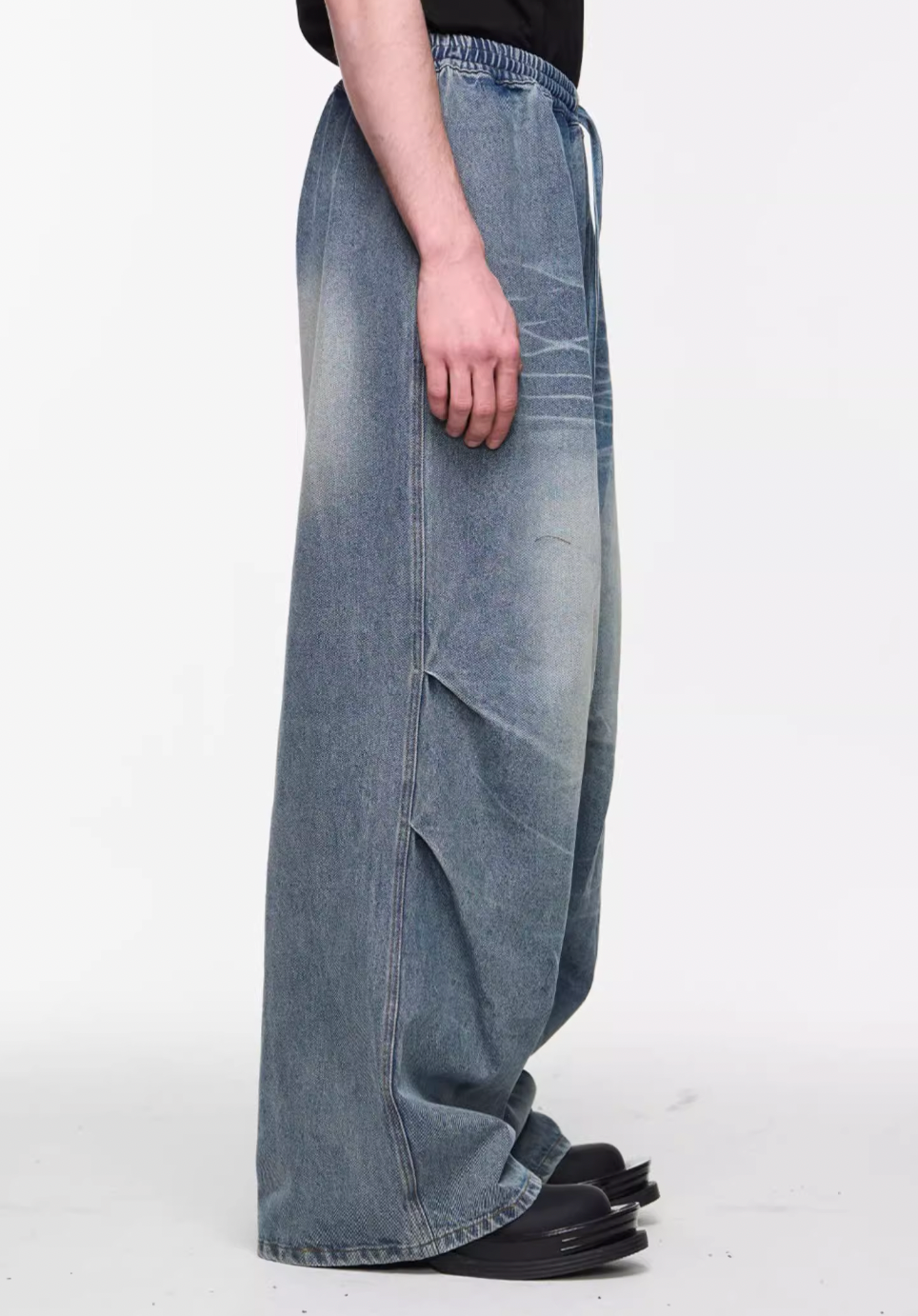 BLIND NO PLAN Distressed Washed 3D Pinch Pleated Elastic Waist Jeans | Face 3 Face