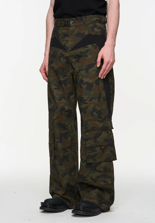 BLIND NO PLAN Colorblocking Textured Check Camouflage Work Cargo Pants | Face 3 Face
