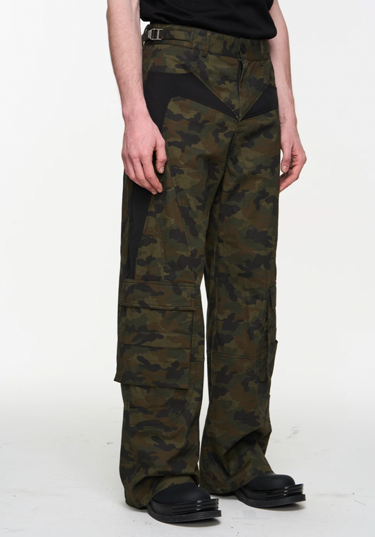 BLIND NO PLAN Colorblocking Textured Check Camouflage Work Cargo Pants | Face 3 Face