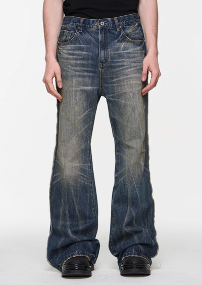 BLIND NO PLAN Blue Washed Whiskered Distressed Bootcut Jeans | Face 3 Face