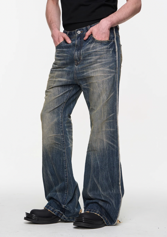 BLIND NO PLAN Blue Washed Whiskered Distressed Bootcut Jeans | Face 3 Face