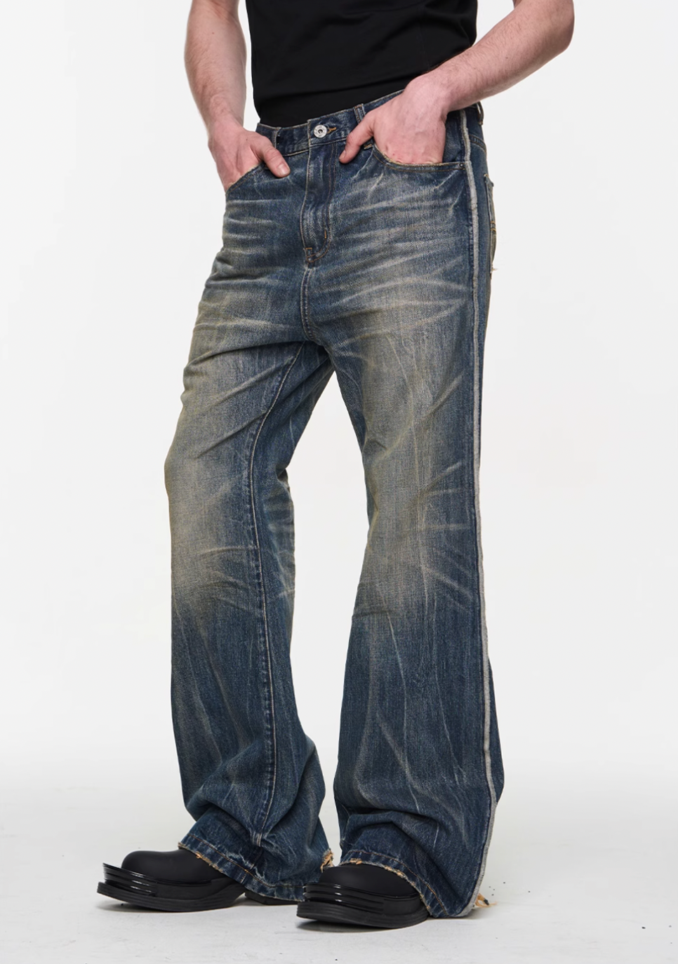 BLIND NO PLAN Blue Washed Whiskered Distressed Bootcut Jeans | Face 3 Face