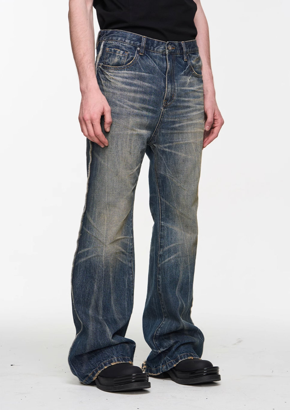 BLIND NO PLAN Blue Washed Whiskered Distressed Bootcut Jeans | Face 3 Face