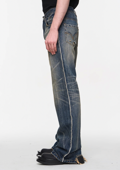 BLIND NO PLAN Blue Washed Whiskered Distressed Bootcut Jeans | Face 3 Face