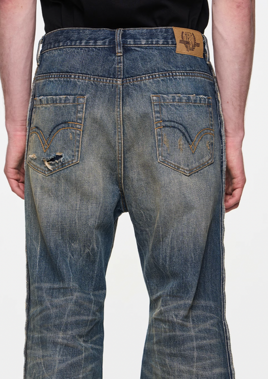 BLIND NO PLAN Blue Washed Whiskered Distressed Bootcut Jeans | Face 3 Face