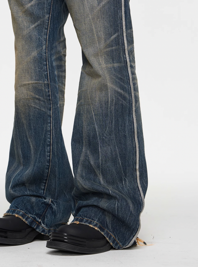 BLIND NO PLAN Blue Washed Whiskered Distressed Bootcut Jeans | Face 3 Face