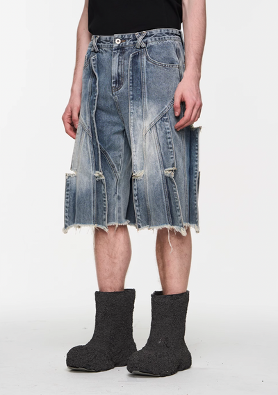 BLIND NO PLAN Destroyed Fly Through Washed Light Denim Shorts | Face 3 Face