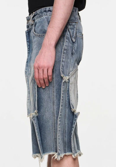 BLIND NO PLAN Destroyed Fly Through Washed Light Denim Shorts | Face 3 Face