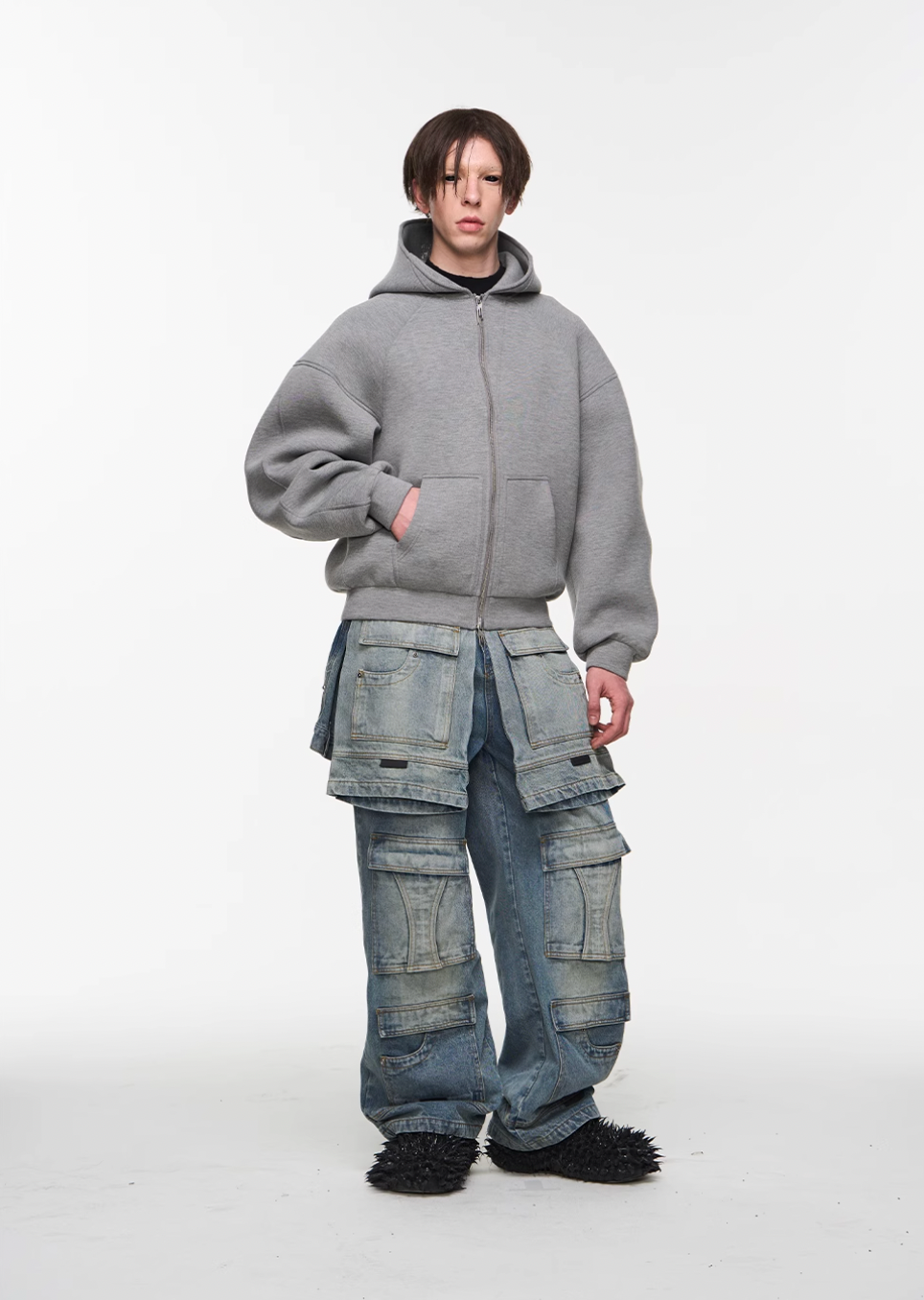 BLIND NO PLAN Multi Layer Fake Two Piece Washed Ice Blue Work Cargo Jeans | Face 3 Face