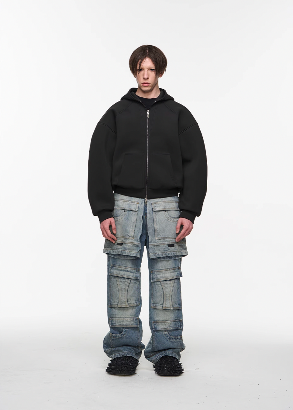 BLIND NO PLAN Multi Layer Fake Two Piece Washed Ice Blue Work Cargo Jeans | Face 3 Face