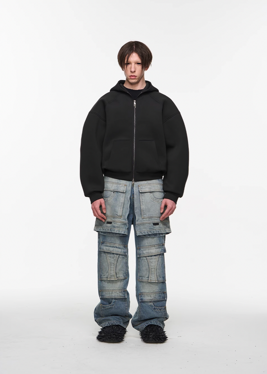 BLIND NO PLAN Multi Layer Fake Two Piece Washed Ice Blue Work Cargo Jeans | Face 3 Face