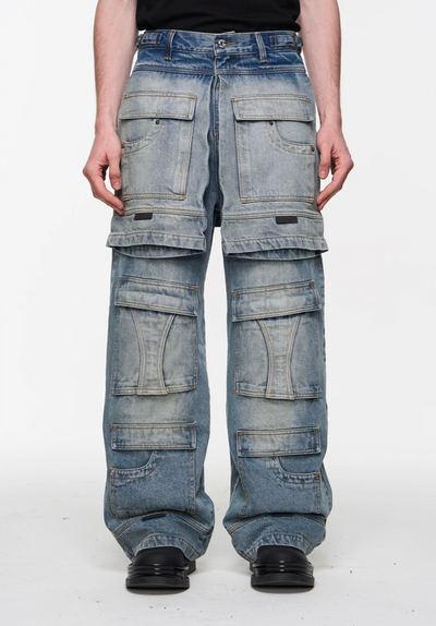 BLIND NO PLAN Multi Layer Fake Two Piece Washed Ice Blue Work Cargo Jeans | Face 3 Face