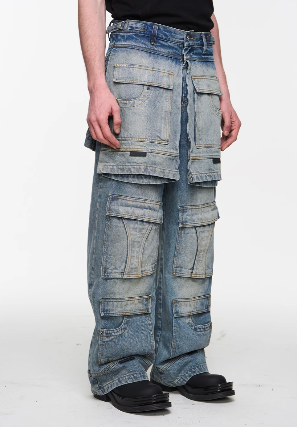 BLIND NO PLAN Multi Layer Fake Two Piece Washed Ice Blue Work Cargo Jeans | Face 3 Face