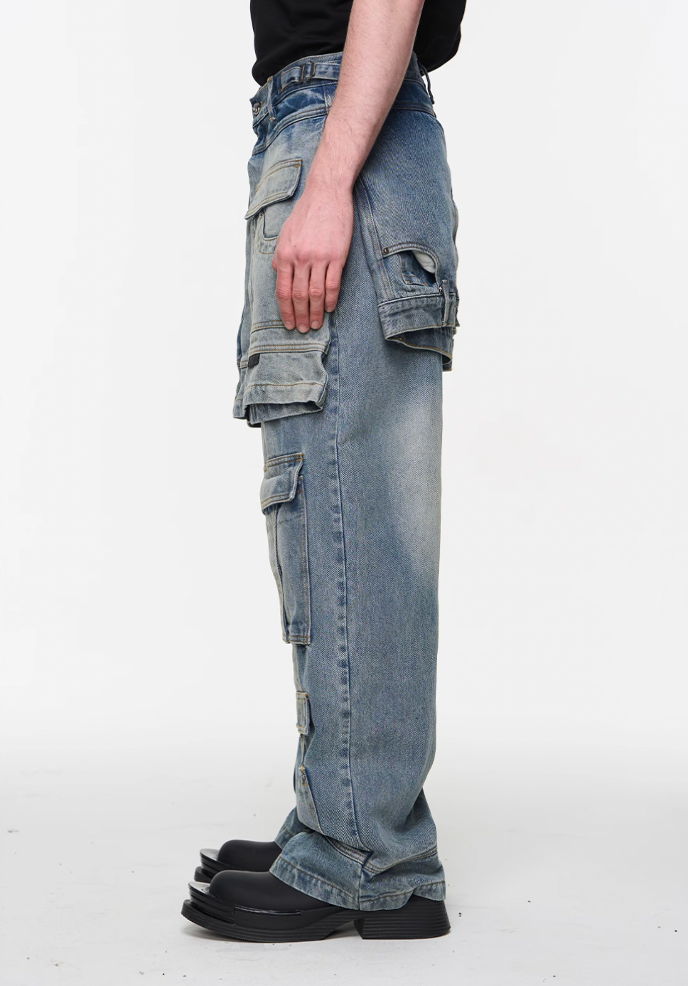 BLIND NO PLAN Multi Layer Fake Two Piece Washed Ice Blue Work Cargo Jeans | Face 3 Face