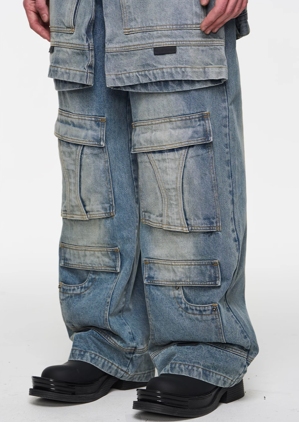 BLIND NO PLAN Multi Layer Fake Two Piece Washed Ice Blue Work Cargo Jeans | Face 3 Face