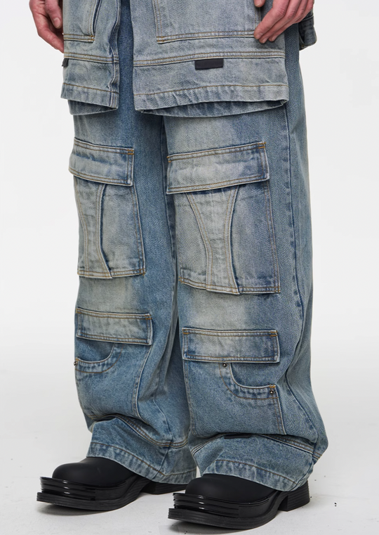 BLIND NO PLAN Multi Layer Fake Two Piece Washed Ice Blue Work Cargo Jeans | Face 3 Face