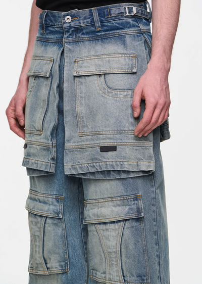 BLIND NO PLAN Multi Layer Fake Two Piece Washed Ice Blue Work Cargo Jeans | Face 3 Face