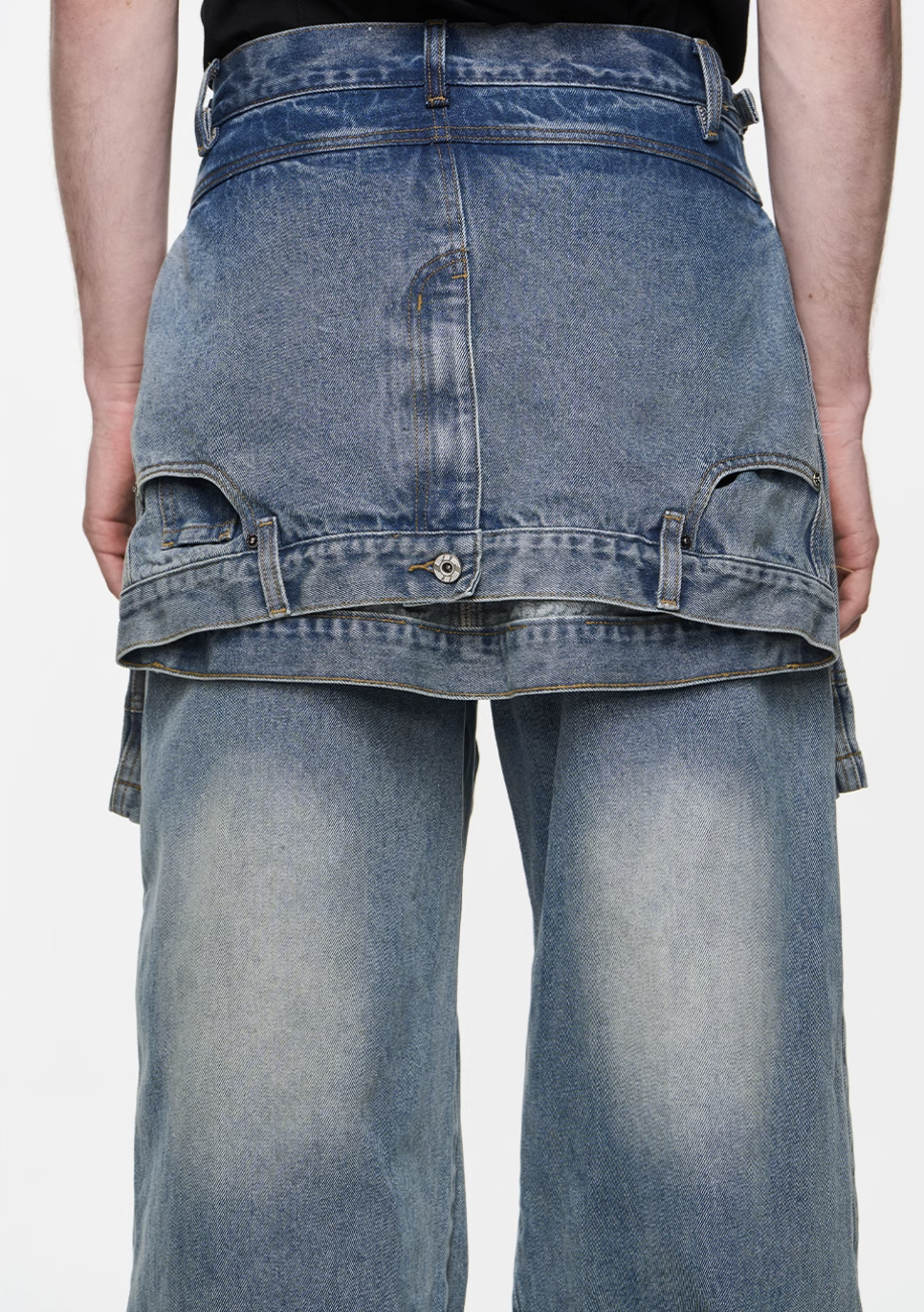 BLIND NO PLAN Multi Layer Fake Two Piece Washed Ice Blue Work Cargo Jeans | Face 3 Face