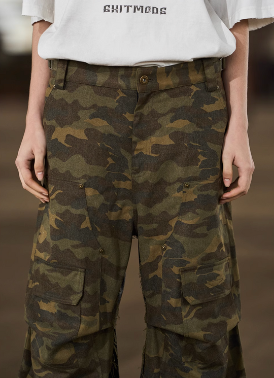 BLIND NO PLAN 3D Pleated Workwear Camouflage Patchwork Leather Cargo Shorts | Face 3 Face