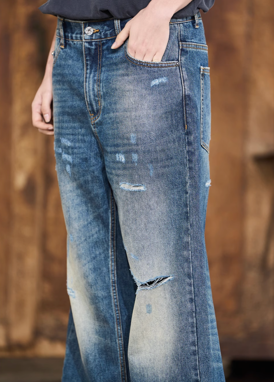 BLIND NO PLAN EXIT MODE Torn Dark Blue Washed Loose Jeans | Face 3 Face