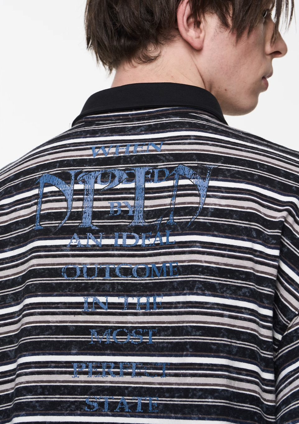 BLIND NO PLAN Washed Distressed Stripe Crackle Print Long Sleeve Polo | Face 3 Face