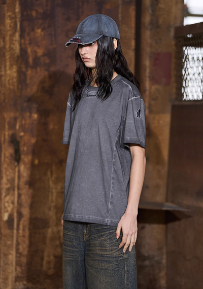 BLIND NO PLAN Loose & Slim Washed Distressed Basic Embroidered Tee | Face 3 Face