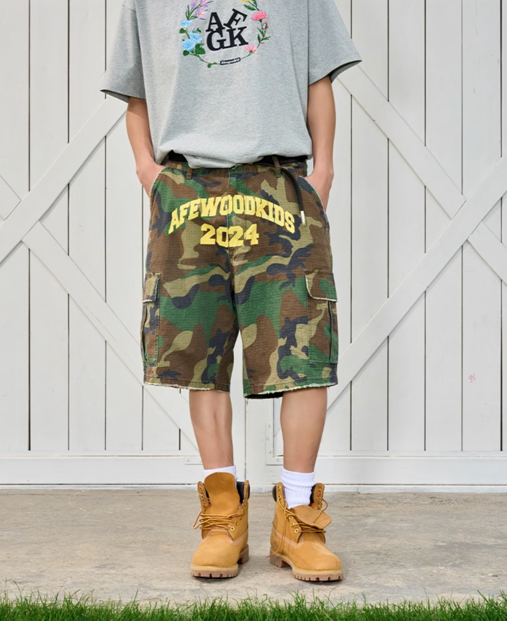 AFGK Logo Print Camouflage Destroyed Shorts | Face 3 Face