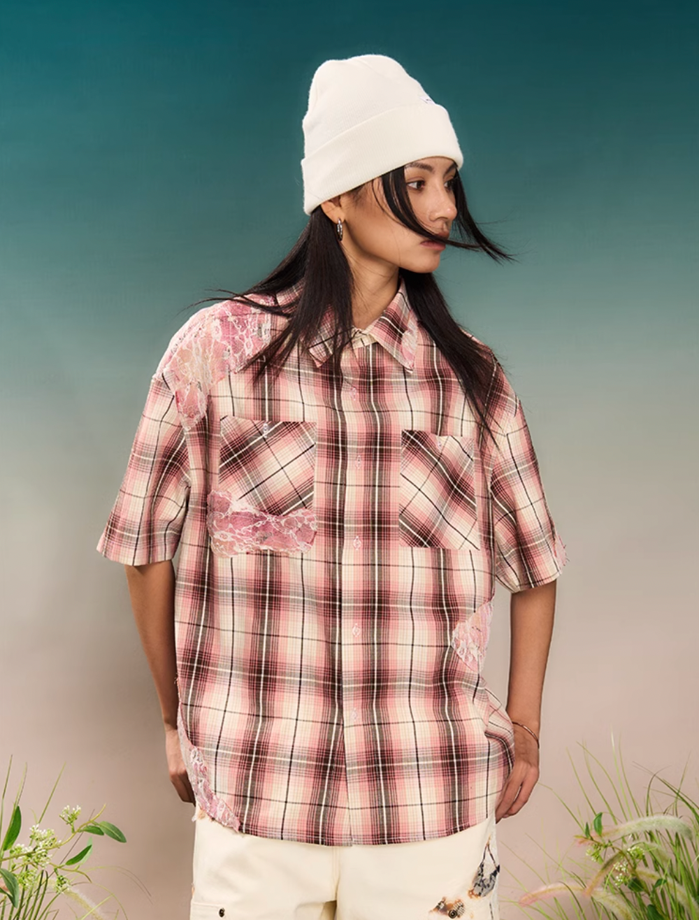 YADcrew Evening Lace Splicing Pink Plaid Short Sleeve Shirt | Face 3 Face