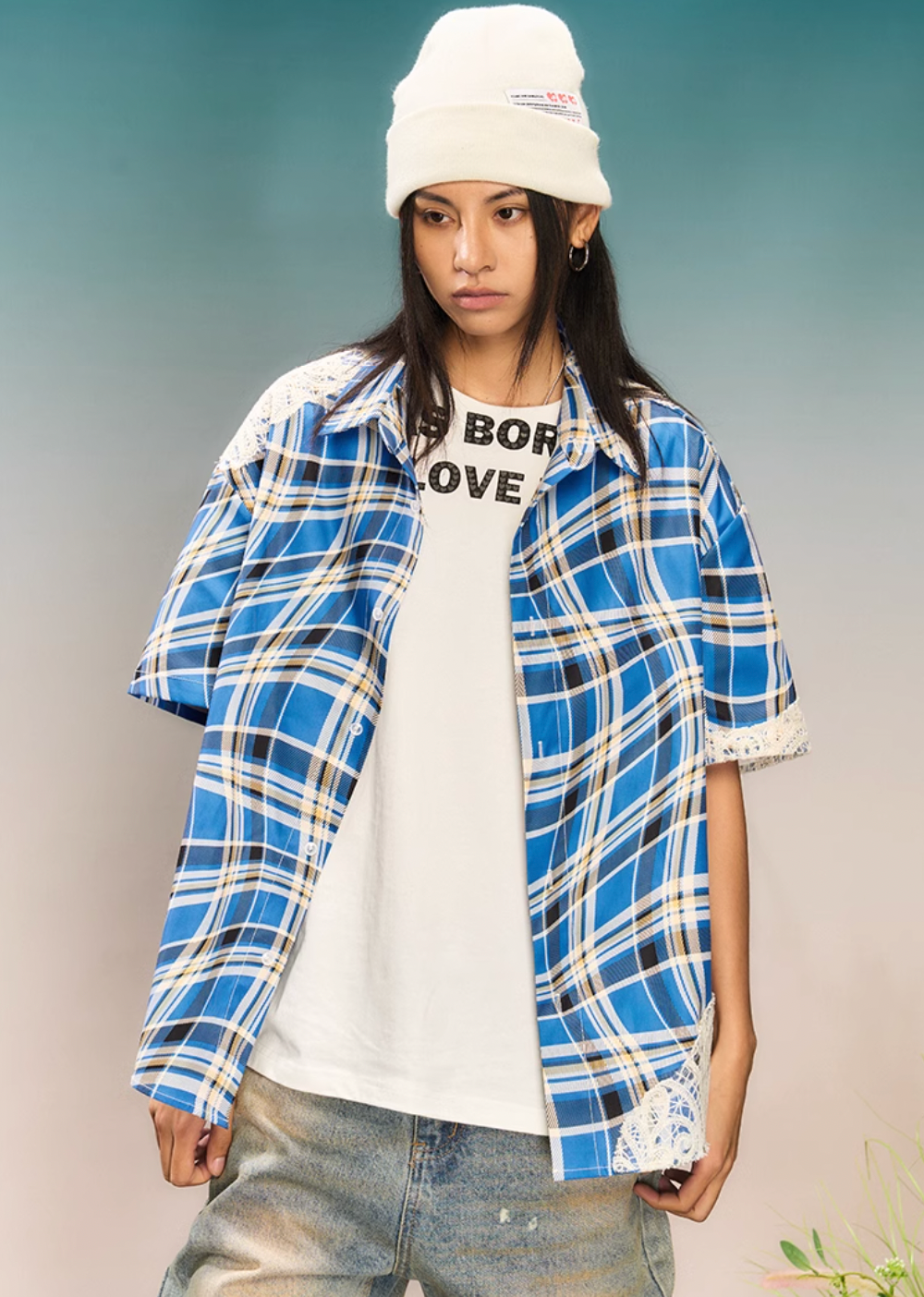 YADcrew Twisted Plaid Lace Splicing Short Sleeve Shirt | Face 3 Face