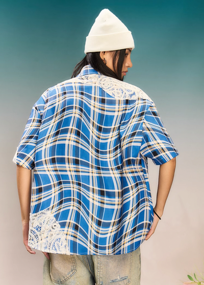 YADcrew Twisted Plaid Lace Splicing Short Sleeve Shirt | Face 3 Face