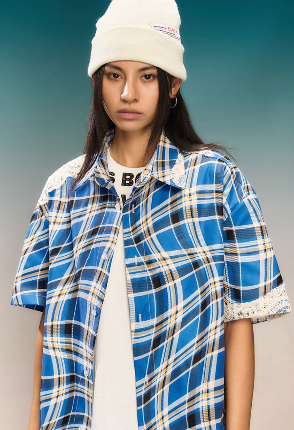 YADcrew Twisted Plaid Lace Splicing Short Sleeve Shirt | Face 3 Face