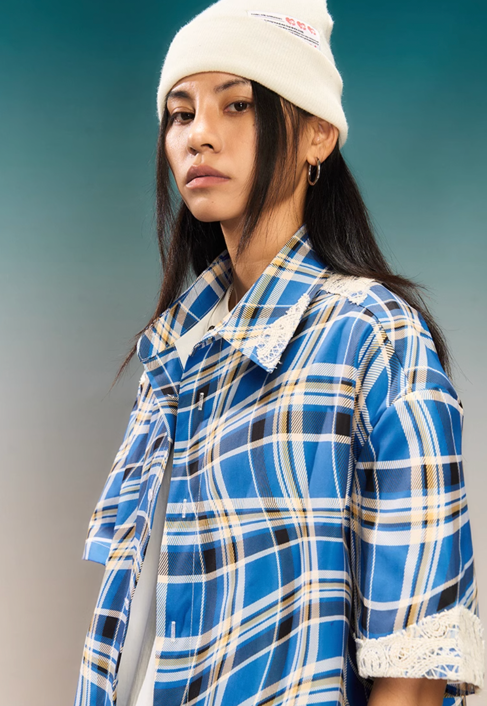 YADcrew Twisted Plaid Lace Splicing Short Sleeve Shirt | Face 3 Face