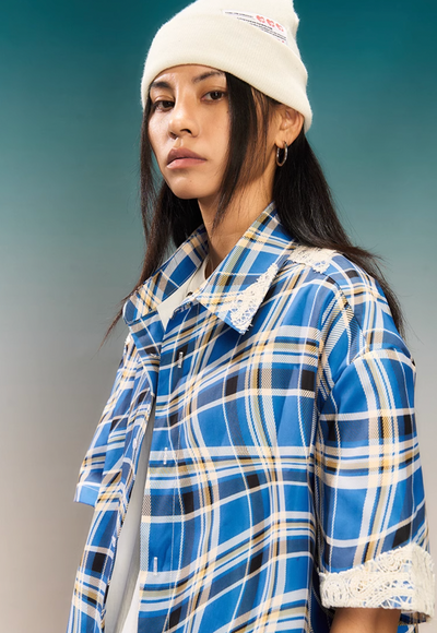 YADcrew Twisted Plaid Lace Splicing Short Sleeve Shirt | Face 3 Face