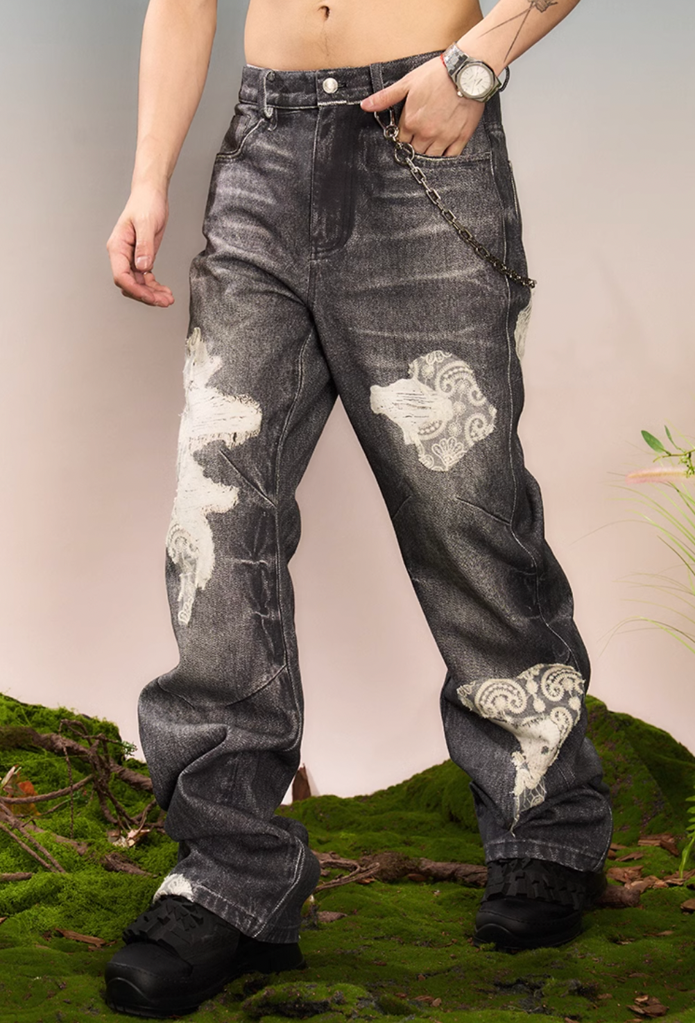 YADcrew Lace Splicing Digital Print Pants Non Jeans | Face 3 Face