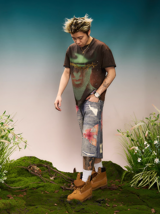 YADcrew Evening Lace Print Denim Shorts | Face 3 Face