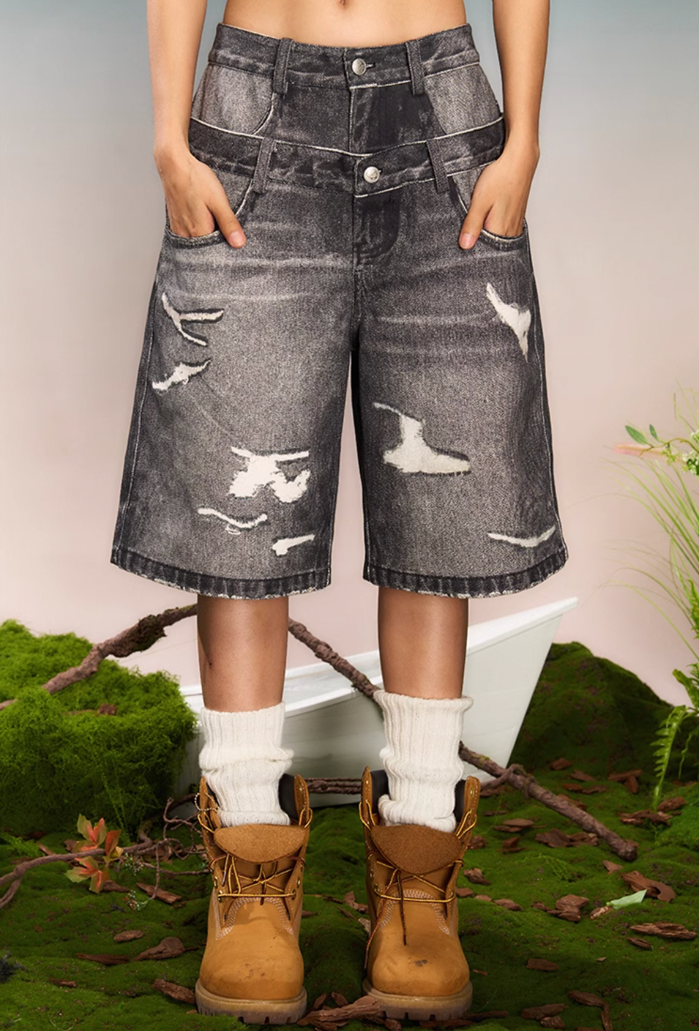 YADcrew Double Waist Digital Print Denim Shorts | Face 3 Face