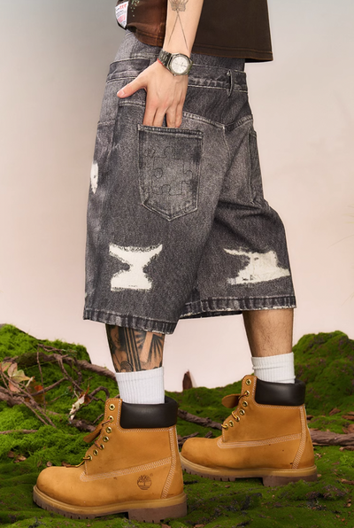 YADcrew Double Waist Digital Print Denim Shorts | Face 3 Face