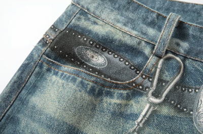 YADcrew Chain Pendant Print Faux Splash Dirty Wash Denim Jeans | Face 3 Face