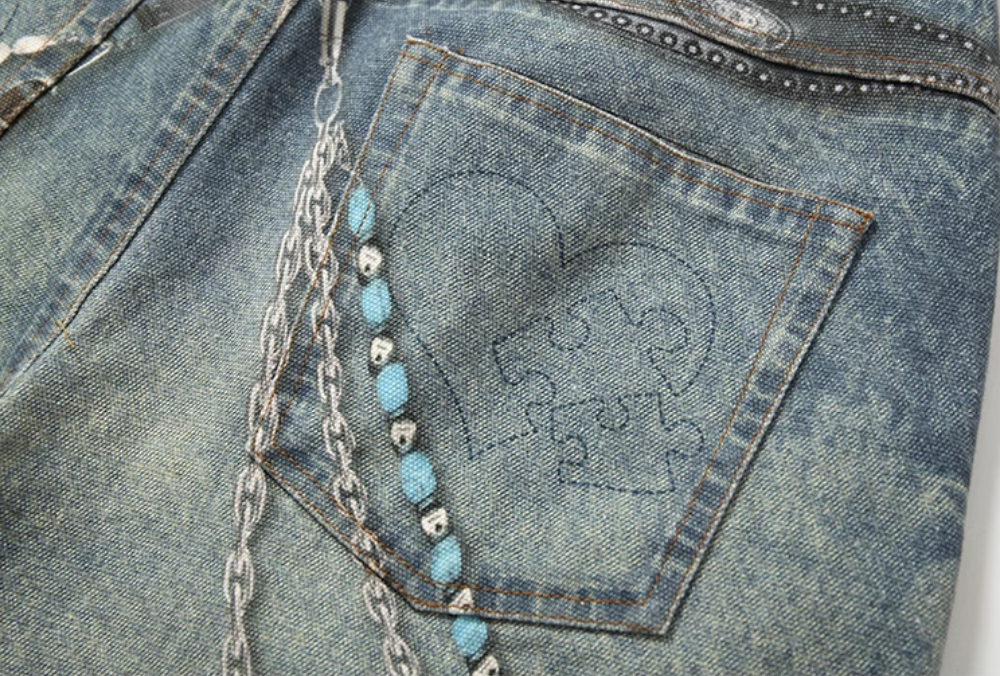 YADcrew Chain Pendant Print Faux Splash Dirty Wash Denim Jeans | Face 3 Face