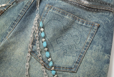 YADcrew Chain Pendant Print Faux Splash Dirty Wash Denim Jeans | Face 3 Face