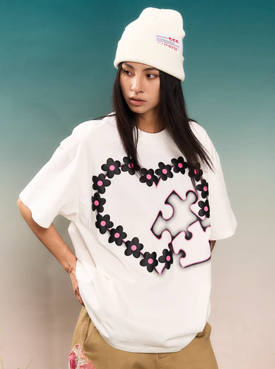 YADcrew Love Heart Puzzle Flower Foam Dot Printing Tee | Face 3 Face