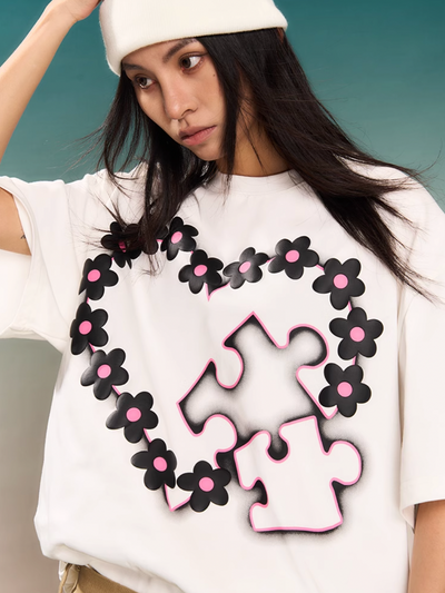 YADcrew Love Heart Puzzle Flower Foam Dot Printing Tee | Face 3 Face