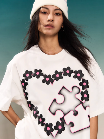 YADcrew Love Heart Puzzle Flower Foam Dot Printing Tee | Face 3 Face