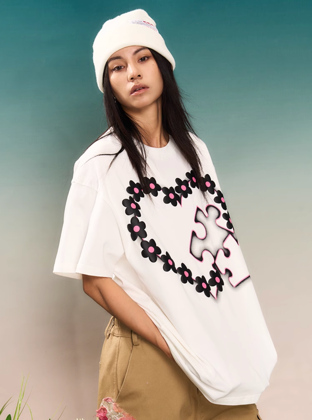 YADcrew Love Heart Puzzle Flower Foam Dot Printing Tee | Face 3 Face