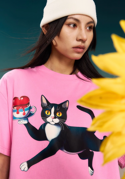 YADcrew “Obsessed Cat” Shake Pink Printed Tee | Face 3 Face